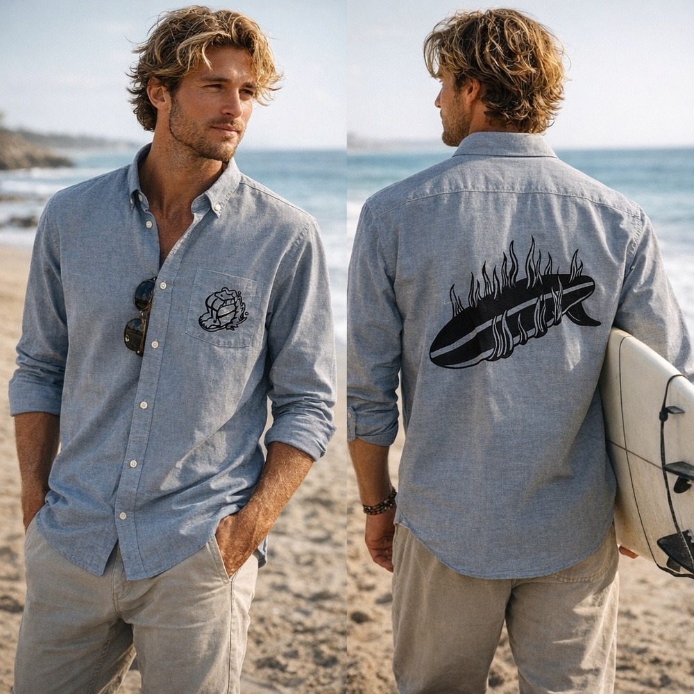RVCA Mens Large Slim Fit Button Up Shirt Gray Chambray Fire Surfboard Graphic